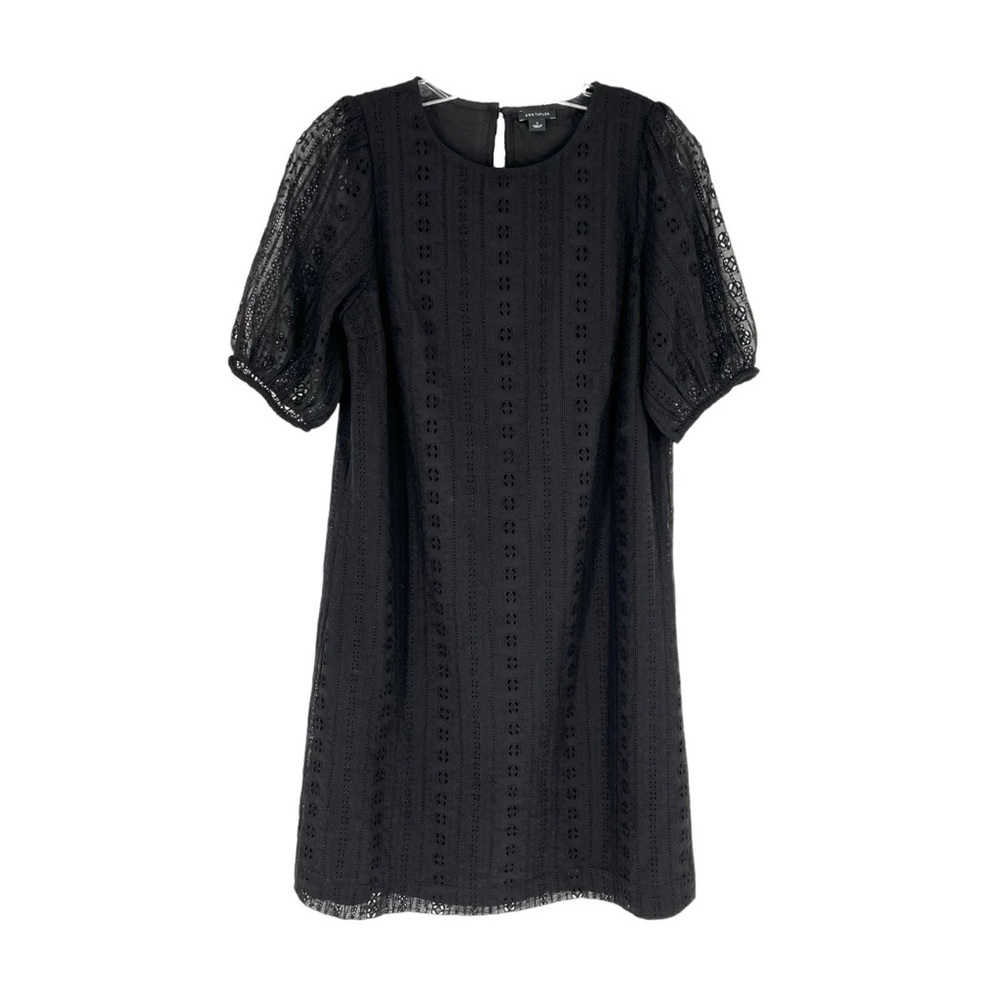 Ann Taylor Embroidered Eyelet Dress Womens Size 0 Black Short Sleeve Shift Lined